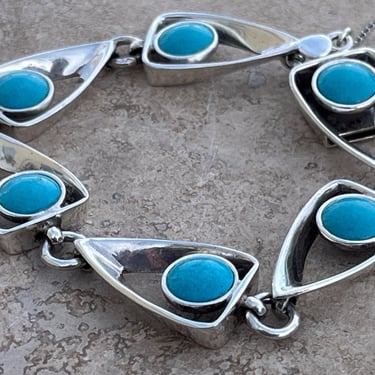 Miguel Melendez for Rancho Alegre ~ Vintage Sterling Silver Link Bracelet with Blue Cab Centers - 6.75 Inches 