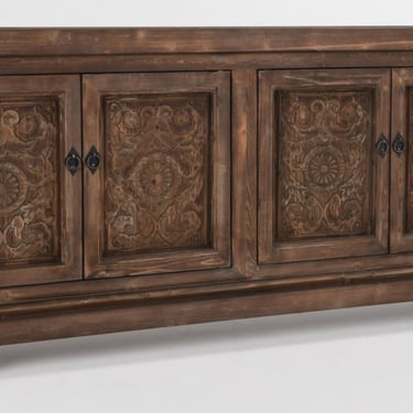 Natural Brown with Light Distressed Finish 4 Door Sideboard Media Console by Terra Nova Designs Los Angeles 