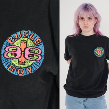 Bugle Boy Shirt 90s Neon Spellout TShirt Athletic Tee Black Graphic T Shirt Sports Tee Streetwear Shirt Retro Vintage Small Medium 