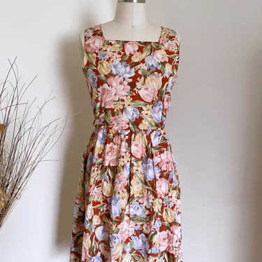 Vintage 90's Dress, Floral Fit and Flare, Cottage Core S M 