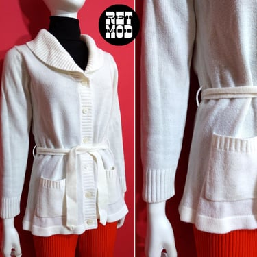 Vintage 60s 70s White Collared Boho Cardigan with Pockets 