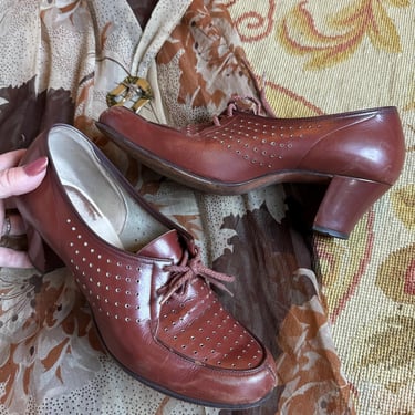 Vintage 1930s 40s Brown Lace-up Oxford Shoes ~ Size 6.5 - 7 