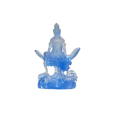 Chinese Blue Crystal Glass Bodhisattva Sitting on Wave Statue ws3640E 