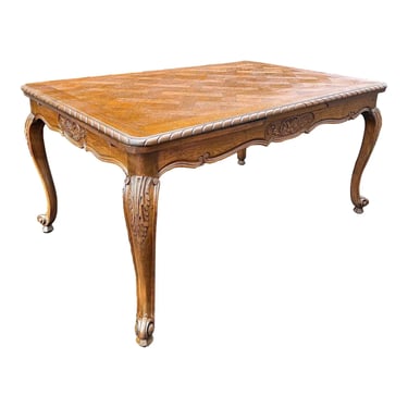 Late 19th Century French Parquet Top Acanthus Carved Oak Dining Refectory Table - Newly Refinished 