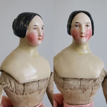Antique China Head Doll with Elaborate Bun Hairstyle 13" Tall - Antique German Dolls - Collectible Dolls 