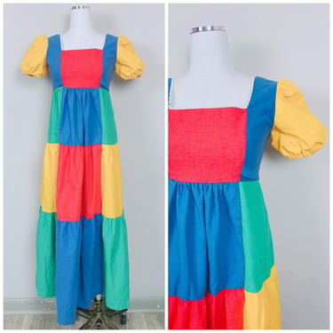 1970s Vintage Magical Rainbow Patchwork Maxi Dress / 70s Cotton Empire Waist Puffed Sleeve Prairie Dress / Size Small 
