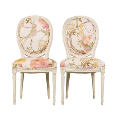 Antique French Louis XVI Style Painted Side Chairs in Pink Chinoiseries Fabric - A Pair 
