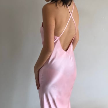90s silk charmeuse backless slip dress / vintage blush pink bias cut silk maxi backless lounge cocktail slip dress | S 