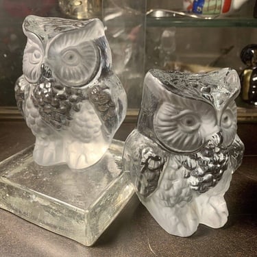 Vintage /Retro Frosted & Clear MCM VIKING GLASS Owl Bookends 
