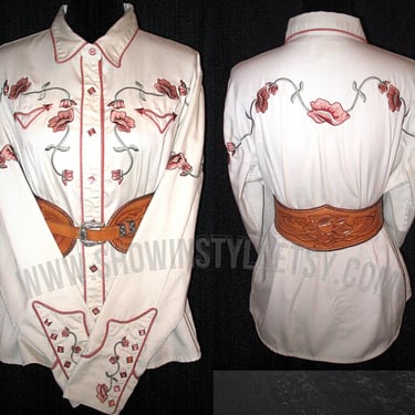 Vintage Retro Women's Cowgirl Western Shirt by Panhandle Slim, Rodeo Queen Blouse, Embroidered Pink Flowers, Size Large (see meas. photo) 