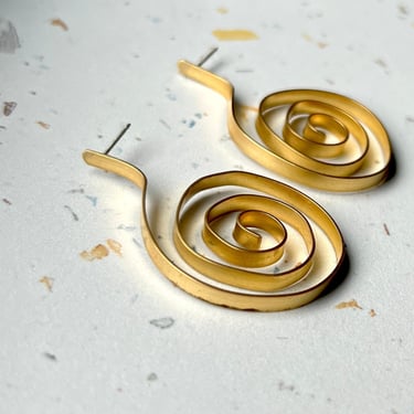 Spiral Stud Drops in Brass Labyrinth Abstract Sculptural Earrings Holiday Party Gold Celebration Earrings 
