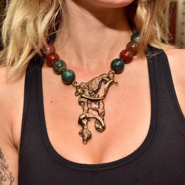 Vintage Brutalist Modernist Gemstone Bead Cast Metal Pendant Necklace, Large Organic Brass/Copper Pendant, Round Jasper Beads, 17 3/4" 
