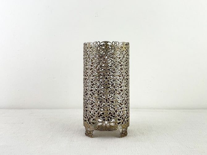 Silver Gold Filigree Holder, Ormolu Hairspray Cover, Metal Cylinder Vase Sleeve with Cut Outs 