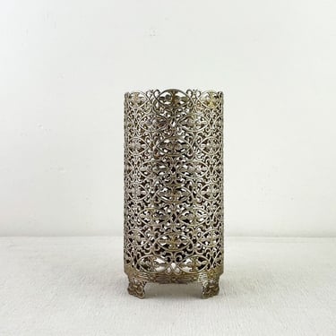 Silver Gold Filigree Holder, Ormolu Hairspray Cover, Metal Cylinder Vase Sleeve with Cut Outs 