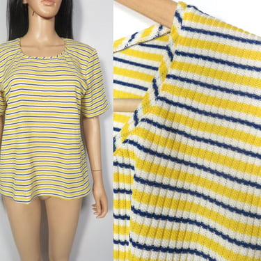 Vintage 70s Plus Size Striped Ribbed Knit Scoop Neck Polyester Tshirt Size XL 