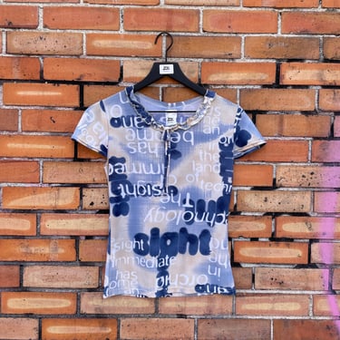 vintage y2k beige and blue text print blouse / l large 