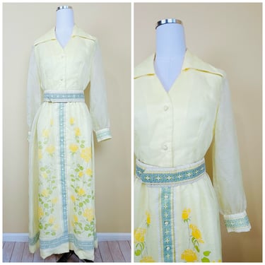 1970s Vintage Alfred Shaheen Lemon Chiffon Belted Dress / 70s Yellow Floral Flower Print Pastel Maxi Dress / Small - Medium 