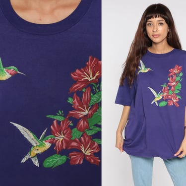Hummingbird Shirt 90s Bird TShirt Floral Print Short Sleeve Purple Vintage Retro T Shirt 1990s Vintage Canna Flower Extra Extra Large 2XL 