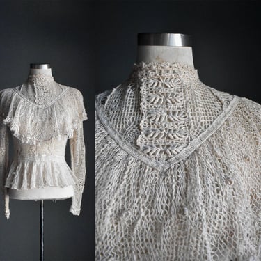 Vintage Cream Crocheted Blouse / Crocheted Lace Prairie Blouse / Hand Crochet Lace Blouse / Ruffled Lace Blouse / Victorian Inspired Blouse 