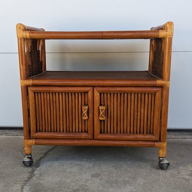 Vintage Rattan Rolling Bar Cart Server Media Console Wicker Cabinet 