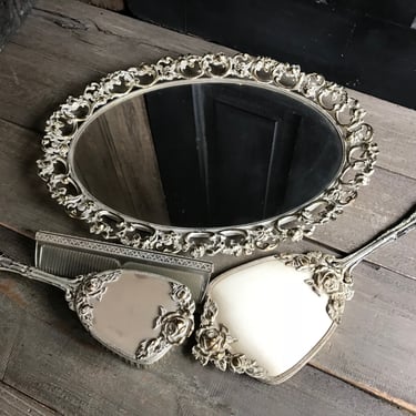 Dresser Boudoir Tray Mirror, Hollywood Regency, 4 Piece Set, Brush, Hand Mirror, Vanity Set, KH 