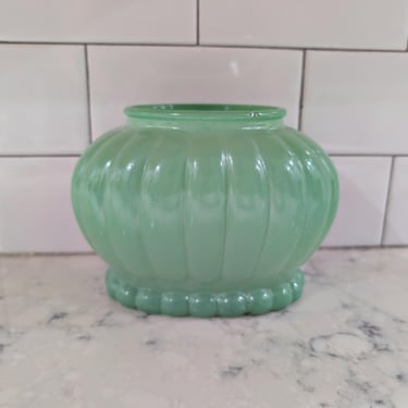 Vintage Green Jadeite Ribbed Glass Canister Vase Decorative Bowl Home Decor 