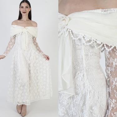 Scott McClintock White Prom Dress, 80s Lace Bridal Gown, Victorian Issusion Maxi 