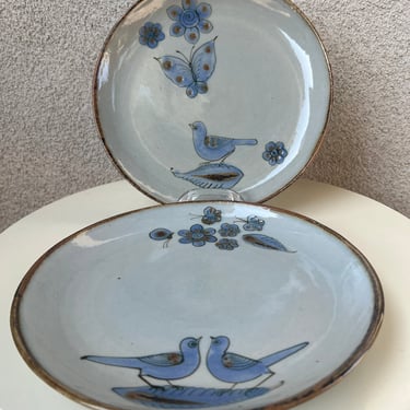 Vintage Ken Edwards pottery dinner Plates Set 2 Blue Birds flowers or butterfly El Palomar Mexico 10” 