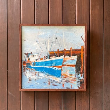 Artist S. Lovett Marina Oil Painting Fishing Boats Chesapeake Vintage Mid-Century Eastern Shore Maryland Virginia DC DMV Seascape 