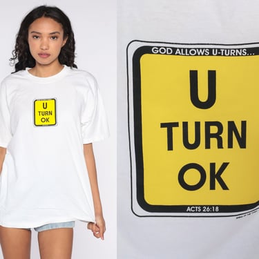 God Allows U Turns Shirt Funny Christian T Shirt 90s Joke Tshirt Vintage U Turn Ok T Shirt 1990s Graphic White Large L 