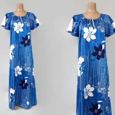 VINTAGE 70s Bright Blue Floral Hawaiian Print Maxi Dress by Hawaii Nei Honolulu | Flutter Sleeve Muumuu | Hawaiian Kaftan House Dress sz 10 
