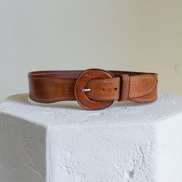 Vintage cognac leather stitched belt // 28-31