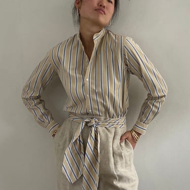 80s Calvin Klein cotton blouse / vintage beige oatmeal cotton pinstripe mandarin collar blouse with ascot pussy bow tie | Small 