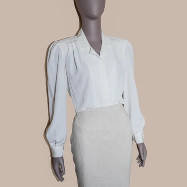 Vintage 80s White Pleated Long Sleeve Collared Blouse Size 4 work Office Fall Top Flowy Bell Sleeve Padded Shoulder Blouse 1980s Button Down 