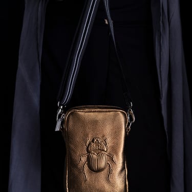 Brass Scarab Embossed Leather Cross Body Bag
