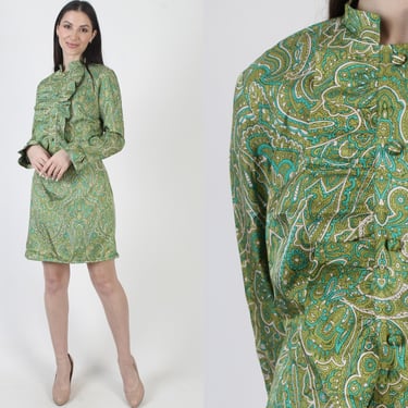 Tuxedo Ruffle Dress, 60s Mod Empire Waist Mini, Vintage Scooter Micro Length, Green Paisley Print 