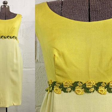 Vintage Yellow Party Dress Pink Sleeveless 60s Mod 1960s Pencil Skirt Empire Waist Mid-Century Twiggy Bow Summer Garden Union Made XS XXS 