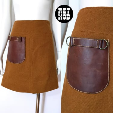 Iconic Space Age Vintage 60s 70s Warm Brown Wool Mini Skirt with Leather Pocket 