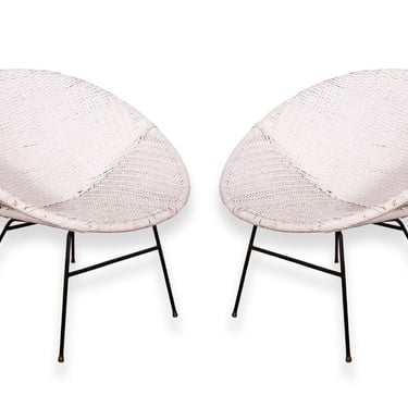 Mid Century Modern Pair of White Scoop Rattan Chairs 