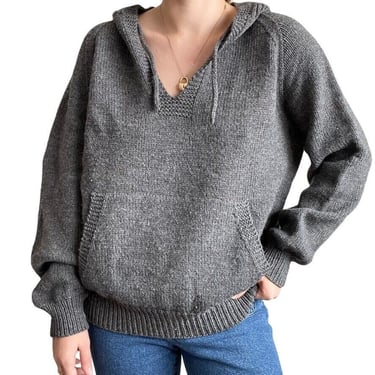 Hand Knit Unisex Grey Hooded Oversized Sweatshirt Hippie Hoodie Sz L 