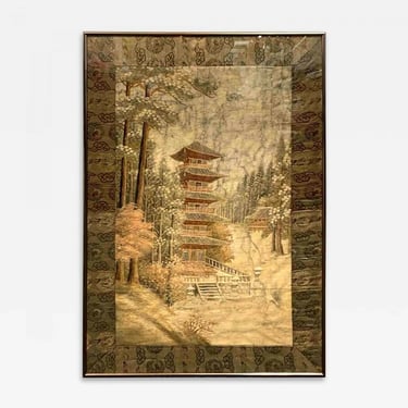 Framed Japanese Embroidery Textile Panel Pagoda Scenery