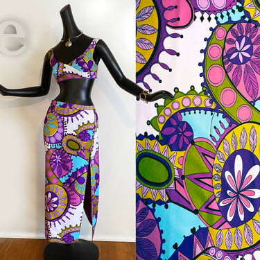 MOD Vintage 60s Sexy Bikini Top + Maxi Skirt Swimsuit Cover Up 2 Piece Set! | Psychedelic MCM Pucci Style Print | Hawaiian Tiki Oasis VLV 