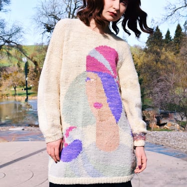 HAND KNIT Manos Art Wool Sweater Novelty Portrait Top Tunic Numbered SZ M to Large 