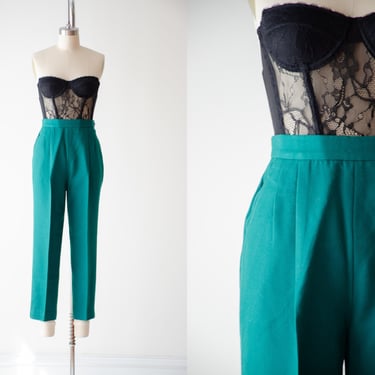 high waisted pants | 80s 90s vintage kelly green wool dark academia style pleated ankle trousers 