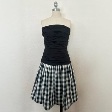 1980s Black and White Dress, Extra Extra Small to Extra Small | 80s Vintage Gingham Strapless Dress (XXS, XS, 32-26-32) 