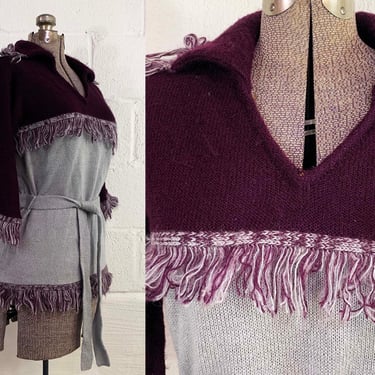 Vintage Purple Fringe Sweater 3/4 Bell Sleeve Specialty House Fashion Belted Knit Twin Peaks Gray Collared Boho Deadstock NOS 1970s Medium 