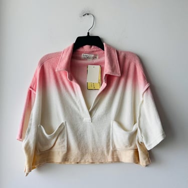 90s Vintage Havana Crop Top Pink Beige Terrycloth Pockets Oversized M Boho Beach NWT 