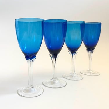 Blue Blown Glass Wine Glasses - Set of 4 