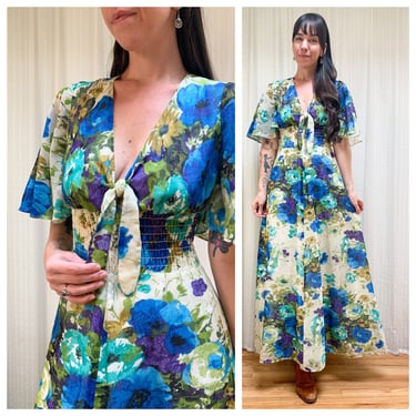 70s flutter sleeve floral maxi dress 