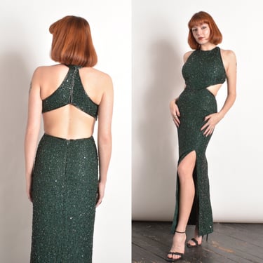 Vintage 1990s Dress / 90s Beaded Cutout Silk Gown / Forest Green ( small S ) 